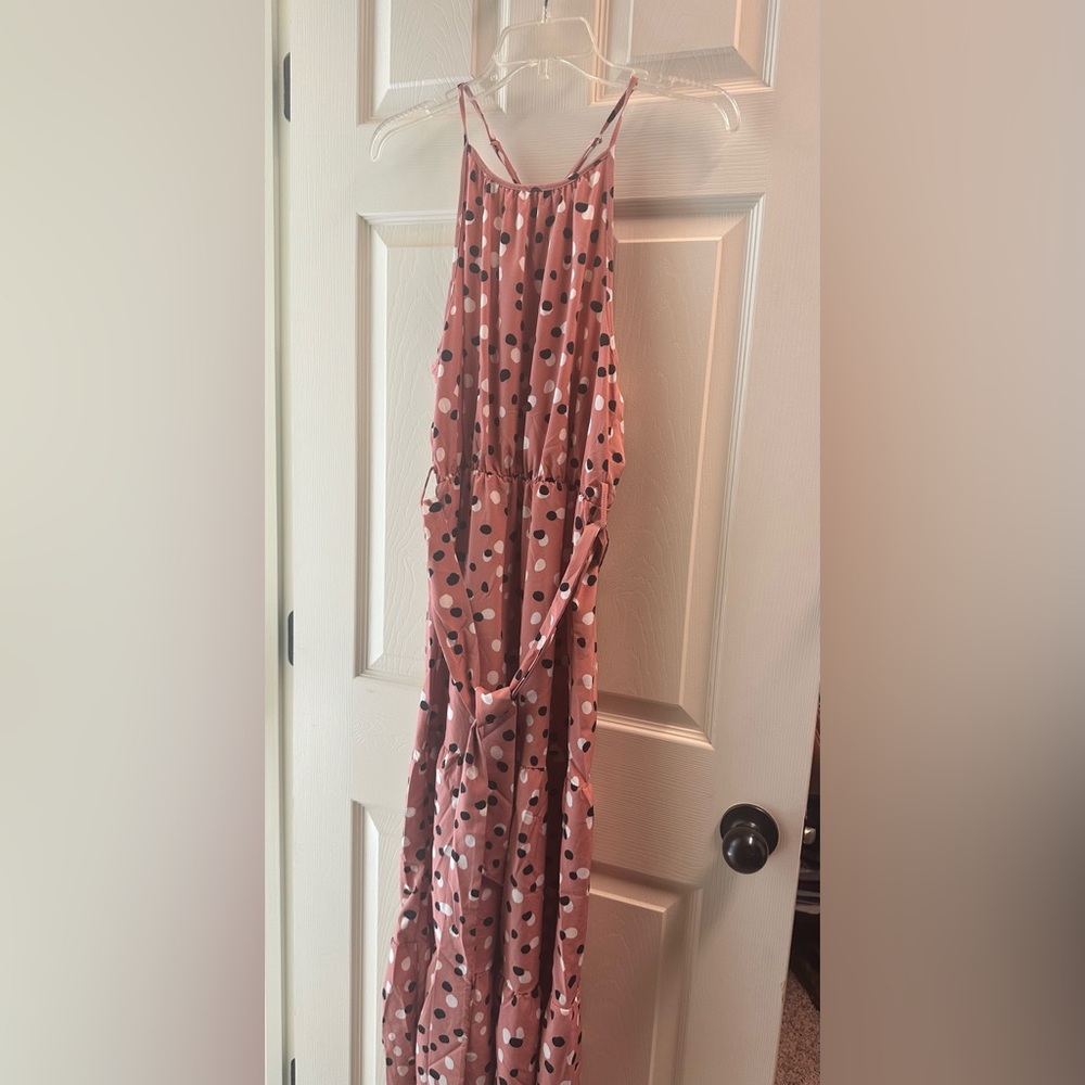 Women's Pink Polka Dot Maxi Dress - Sleeveless Spaghetti Strap